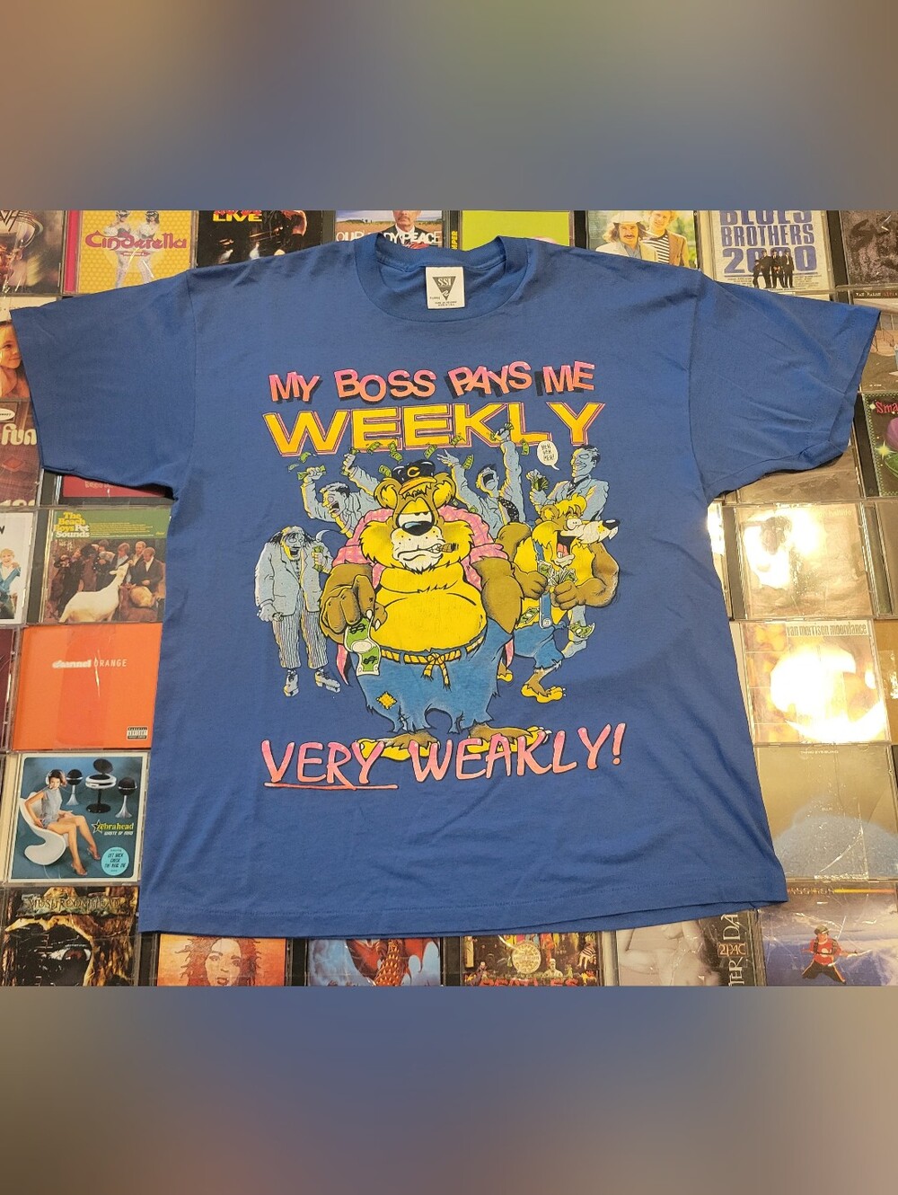 Vintage 90s Single Stitch Blue Graphic Tee - "My Boss Pays Me Weakly"
